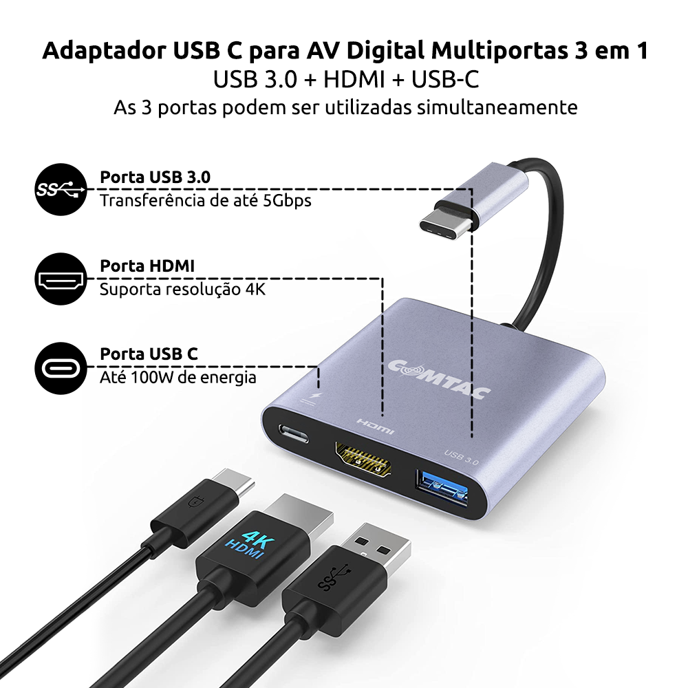 Thumbnail 4 do Adaptador de USB C para AV Digital Multiportas USB 3.0 + HDMI + USB C
